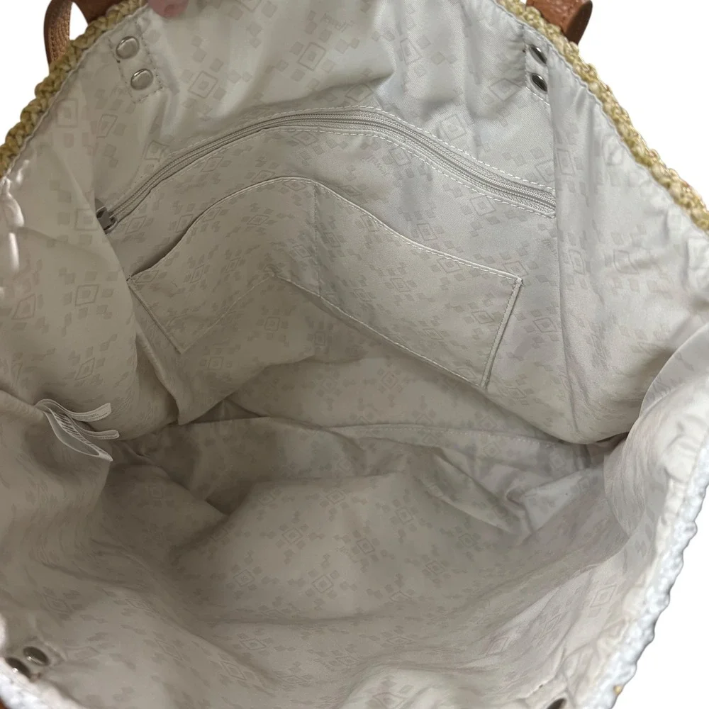 Jewell by Thirty-One Straw Tote Bag White Gold Metallic Striped Woven Beach Bag
